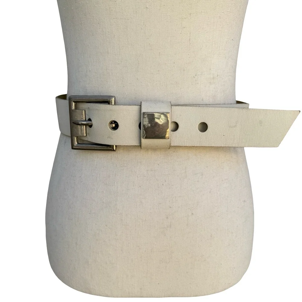 Gilles Herve Paris Vintage White Leather Belt Made in France Silver Buckle Wide